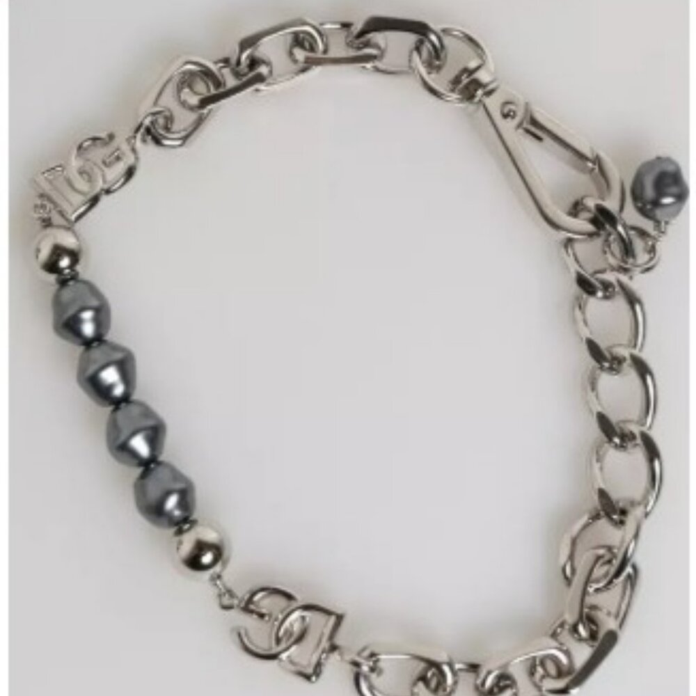 D&G Silver Tone Chain Lobster Clasp Logo Gray Pearls Bracelet